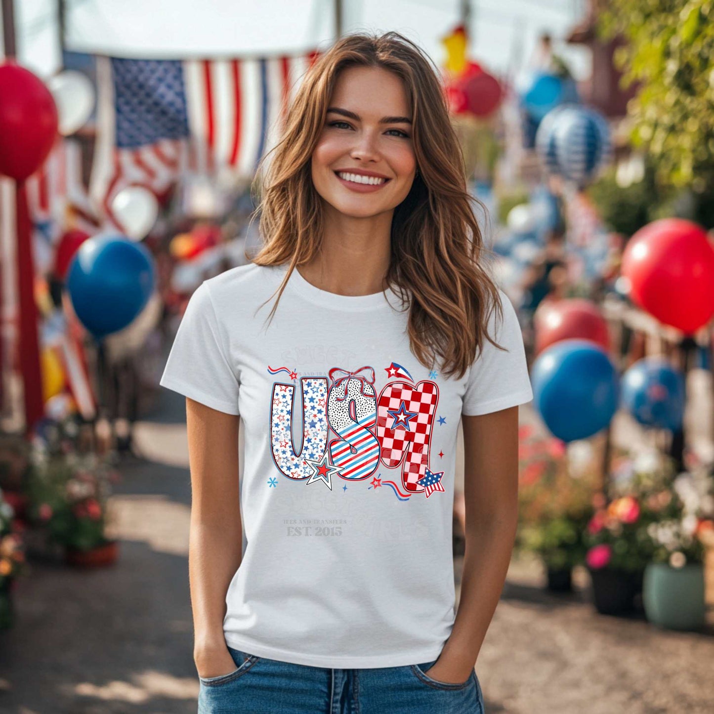 USA Lettering DTF Transfer – Red White Blue Coquette Bow Heat Transfer – Direct to Film Iron-On for July 4th Shirts, Bags, and Decor