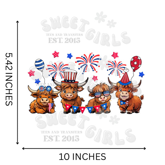 4th of July Highland Cows DTF Transfer – Patriotic Cow Heat Transfer with Fireworks & Hats for T-Shirts, Sweatshirts, DIY Fabric Crafts