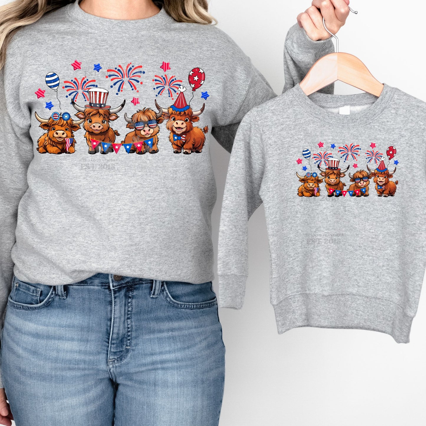 4th of July Highland Cows DTF Transfer – Patriotic Cow Heat Transfer with Fireworks & Hats for T-Shirts, Sweatshirts, DIY Fabric Crafts