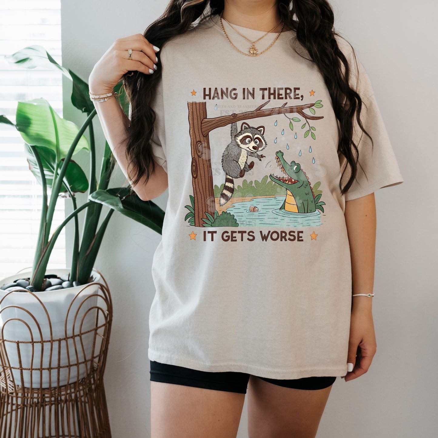 Hang in There It Gets Worse DTF Transfer – Funny Raccoon and Alligator Iron-On Heat Transfer for Shirts, Tote Bags, DIY Projects