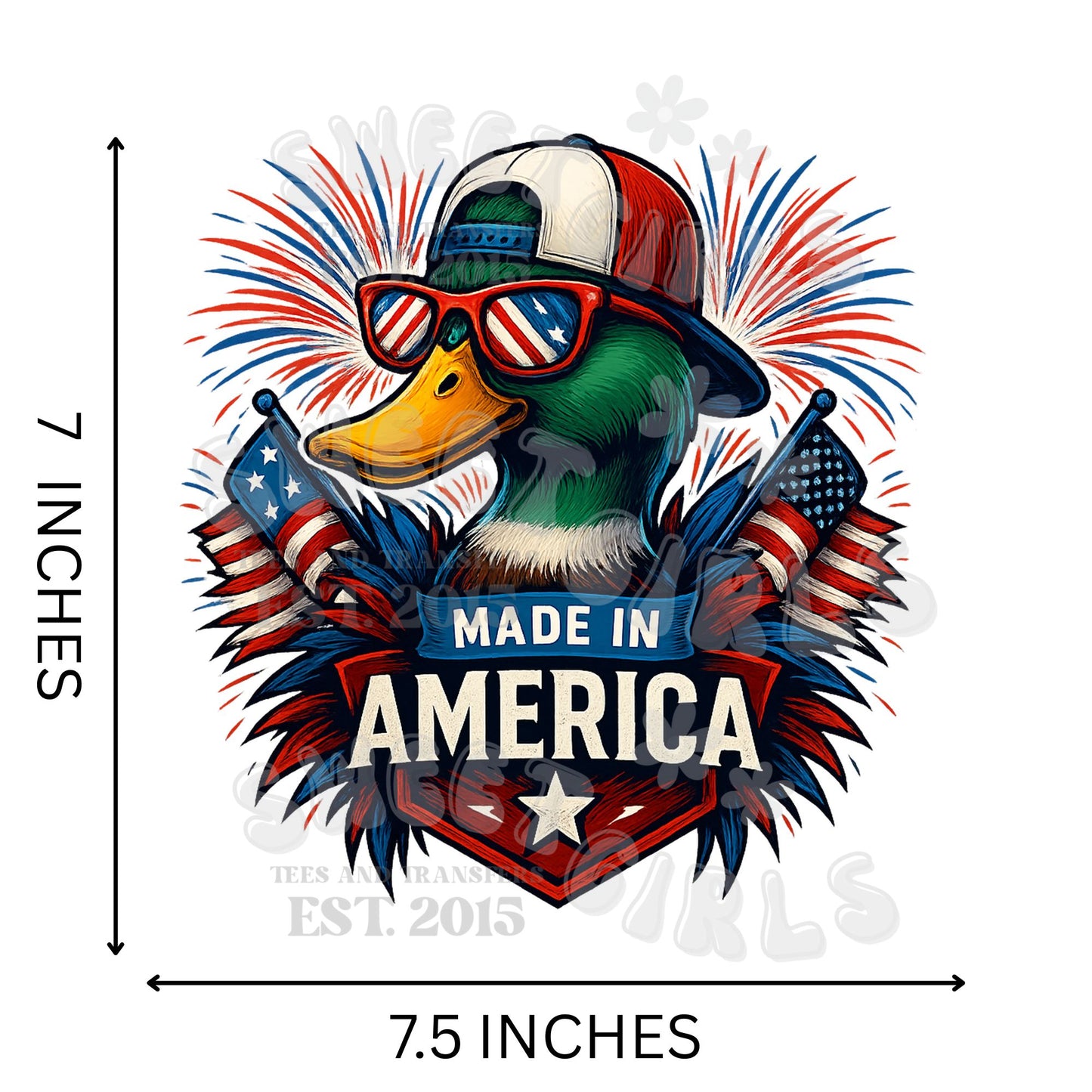 YOUTH|TODDLER|INFANT- Made in America Duck – Retro USA Flag Sunglasses and Hat DTF HEAT TRANSFER – Iron-On Patriotic Transfer Sticker for Shirts, Bags, Sweatshirts, and DIY Decor