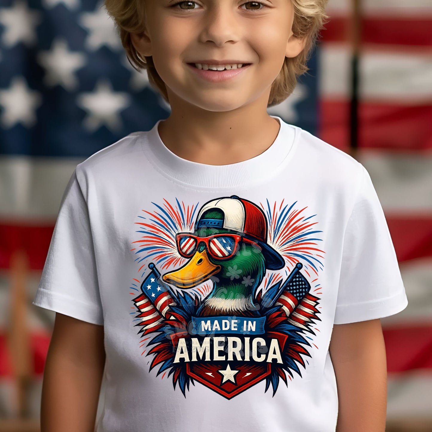 YOUTH|TODDLER|INFANT- Made in America Duck – Retro USA Flag Sunglasses and Hat DTF HEAT TRANSFER – Iron-On Patriotic Transfer Sticker for Shirts, Bags, Sweatshirts, and DIY Decor