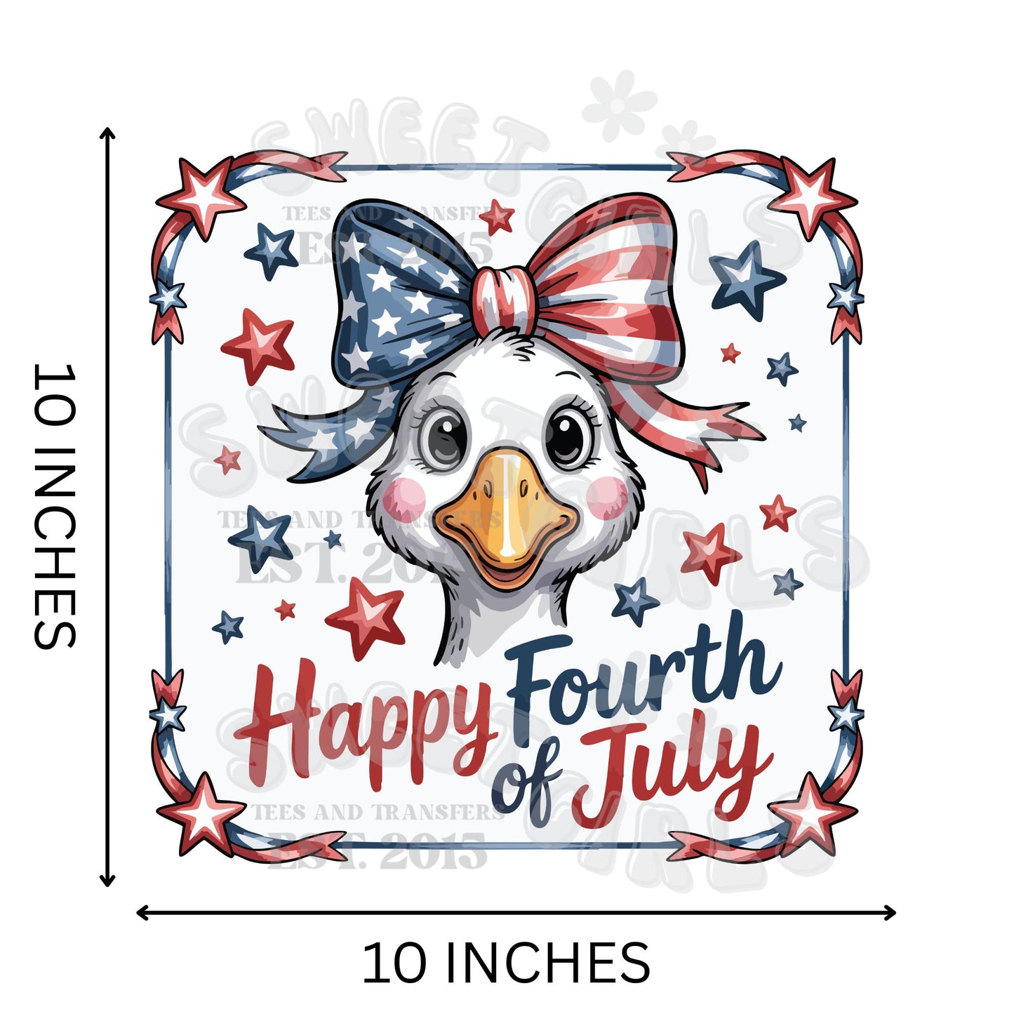 Happy Fourth of July Duck – Patriotic Goose with USA Flag Bow – Ready to Press Heat Transfer DTF for T-Shirts, Bags, Jeans – Long-Lasting Iron-On for 4th of July Clothing Accessories