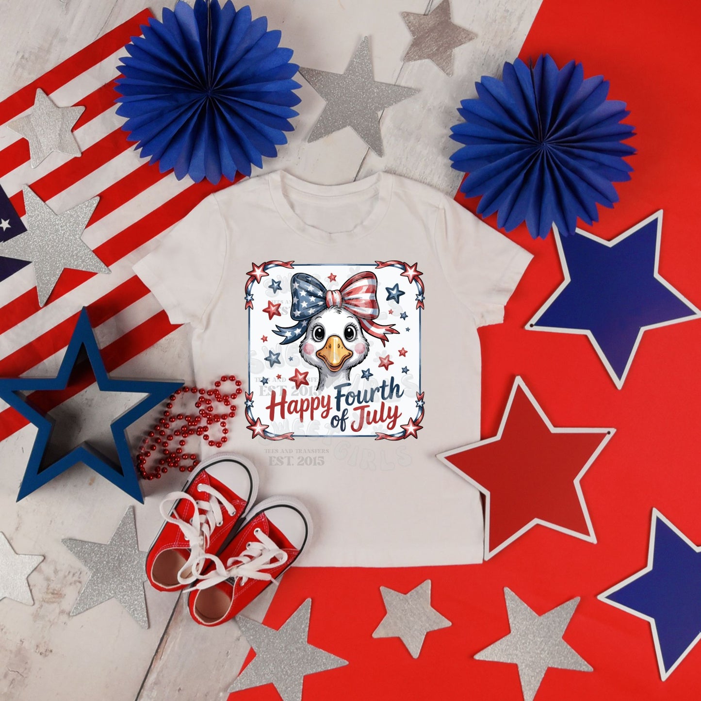 Happy Fourth of July Duck – Patriotic Goose with USA Flag Bow – Ready to Press Heat Transfer DTF for T-Shirts, Bags, Jeans – Long-Lasting Iron-On for 4th of July Clothing Accessories