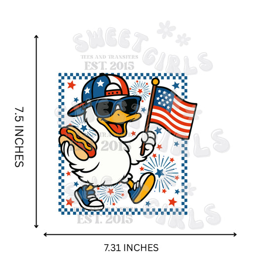 7.5 INCH Hat Wearing Hot Dog American Duck with Fireworks DTF Heat Transfer – July 4th Patriotic Duck Iron-On – Summer Holiday Heat Press Design