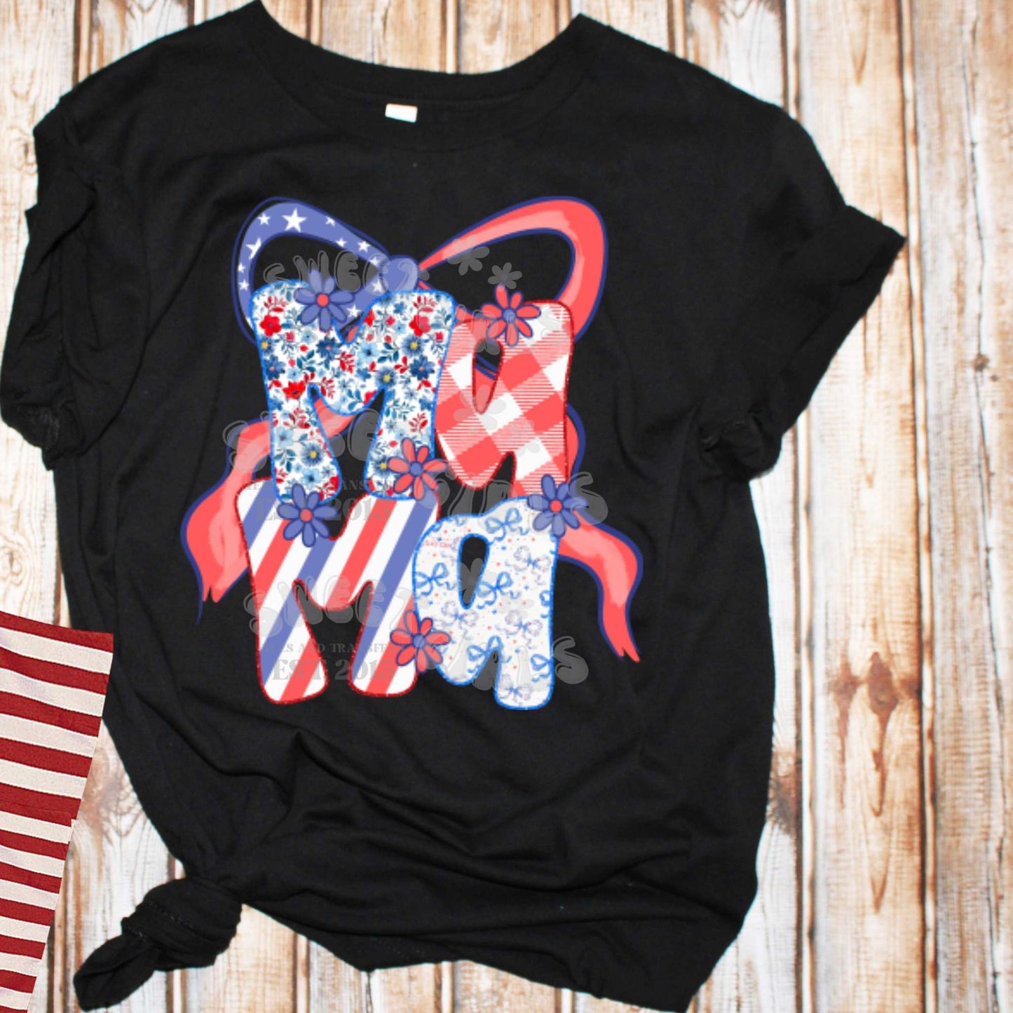 Patriotic MAMA DTF Transfer – 4th of July Red White Blue Iron-On for Moms – Floral Gingham USA Bow Heat Transfer for T-Shirts, Bags & DIY Apparel