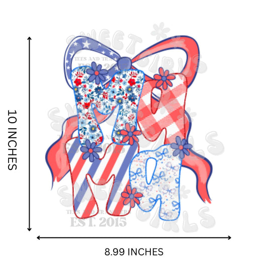 Patriotic MAMA DTF Transfer – 4th of July Red White Blue Iron-On for Moms – Floral Gingham USA Bow Heat Transfer for T-Shirts, Bags & DIY Apparel