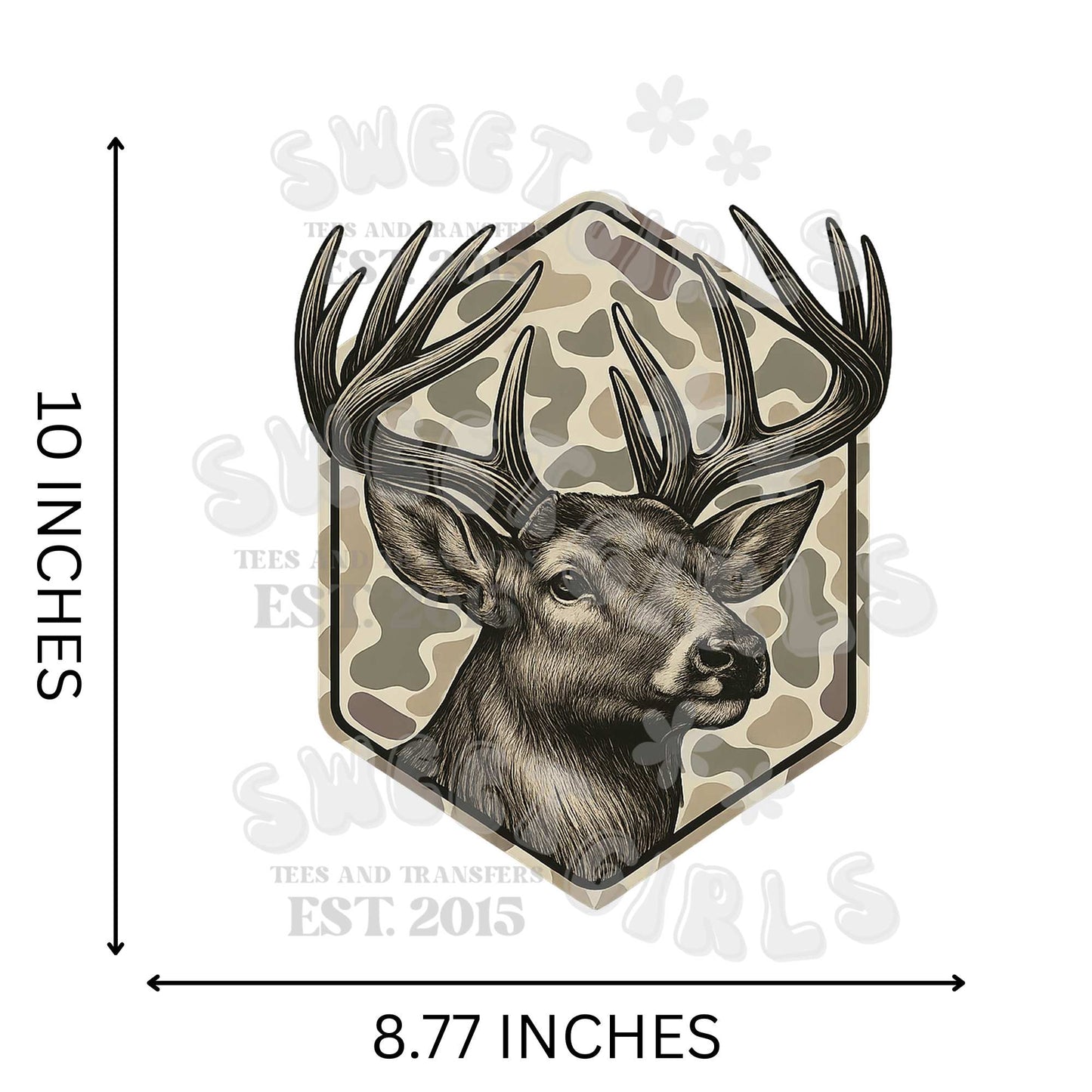 Minimal Camo Deer Head – Neutral Hunter Style DTF Transfer – Durable Heat Press Sticker for T-Shirts, Bags, and Outdoors Apparel