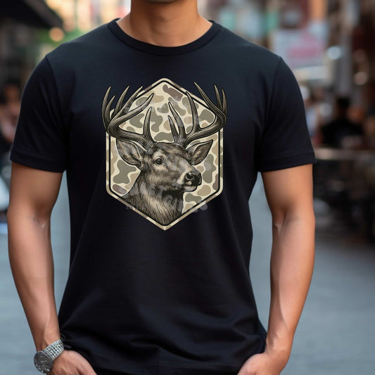 Minimal Camo Deer Head – Neutral Hunter Style DTF Transfer – Durable Heat Press Sticker for T-Shirts, Bags, and Outdoors Apparel