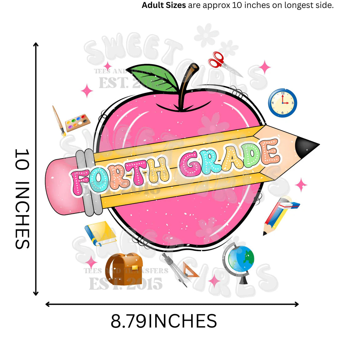 Bright Block Grade DTF Transfer – Ready to Press Colorful School Iron-On – Apple, Pencil & Learning Icons for Back to School Shirts