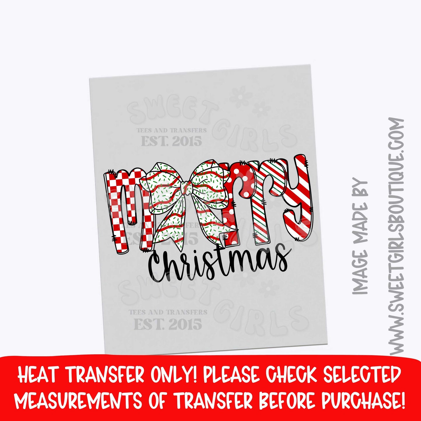 Merry Christmas Bow Word Art Heat Transfer | Festive Holiday DTF | Red Green Stripe Iron On | Ready To Press Cold Peel Transfer | Cute Christmas Lettering Print | Not A Shirt