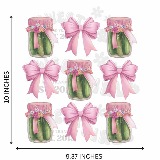 Pink Pickles with Coquette Bows DTF Transfer – Cottagecore Jar Design HEAT TRANSFER – Iron-On Sticker for T-Shirts, Sweatshirts, Bags – Washable, Long-Lasting