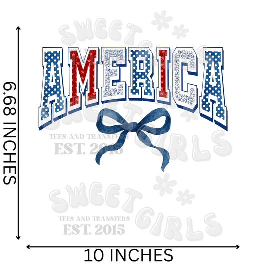 Glitter America Bow DTF Transfer – Blue Sparkle Stars and Red Lettering Iron-On – Patriotic 4th of July Heat Press Sticker