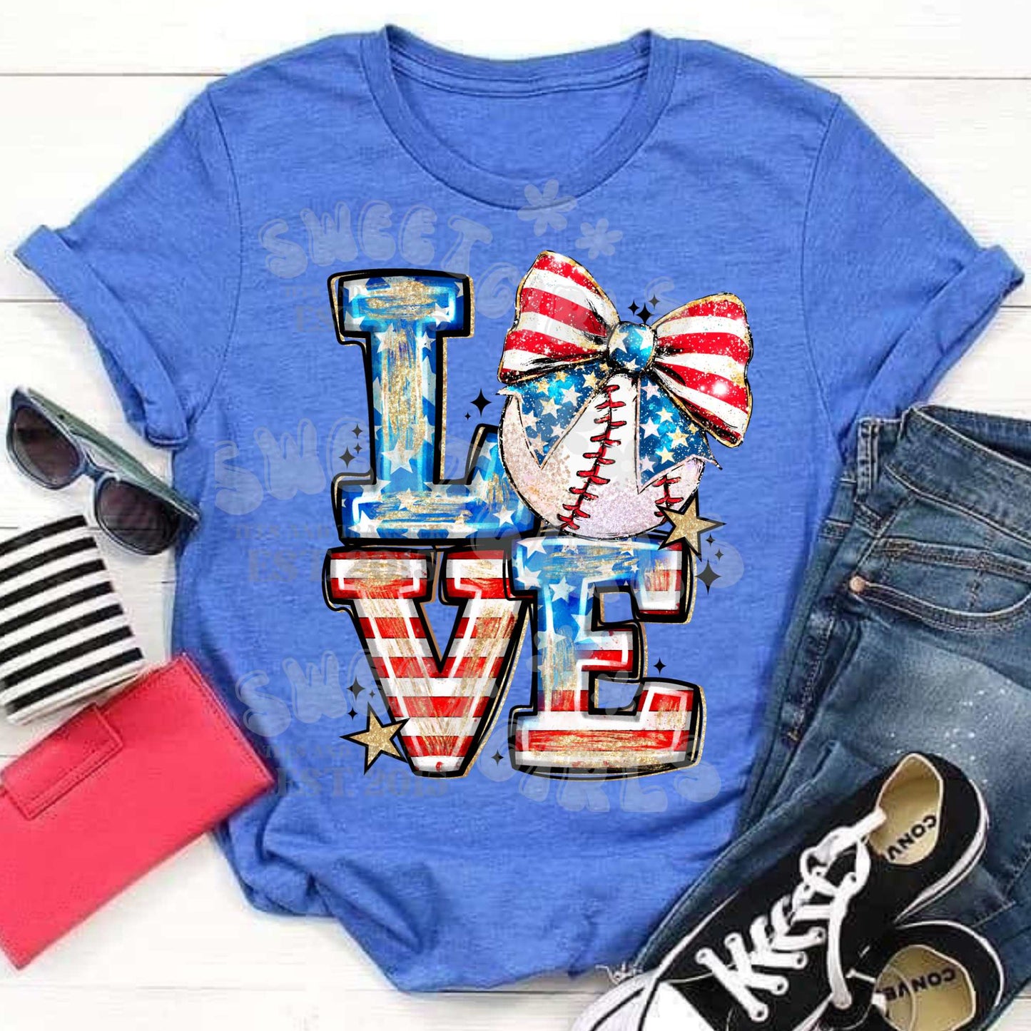 LOVE Baseball Bow USA Flag DTF Transfer – Glitter Look Patriotic Design – Iron-On Heat Transfer for Shirts, Bags, and More