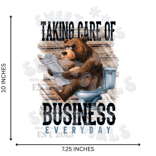 Taking Care of Business Bear on Toilet Funny DTF Transfer - Heat Transfer Iron-On for Tees, Bags, and Fabric Decor