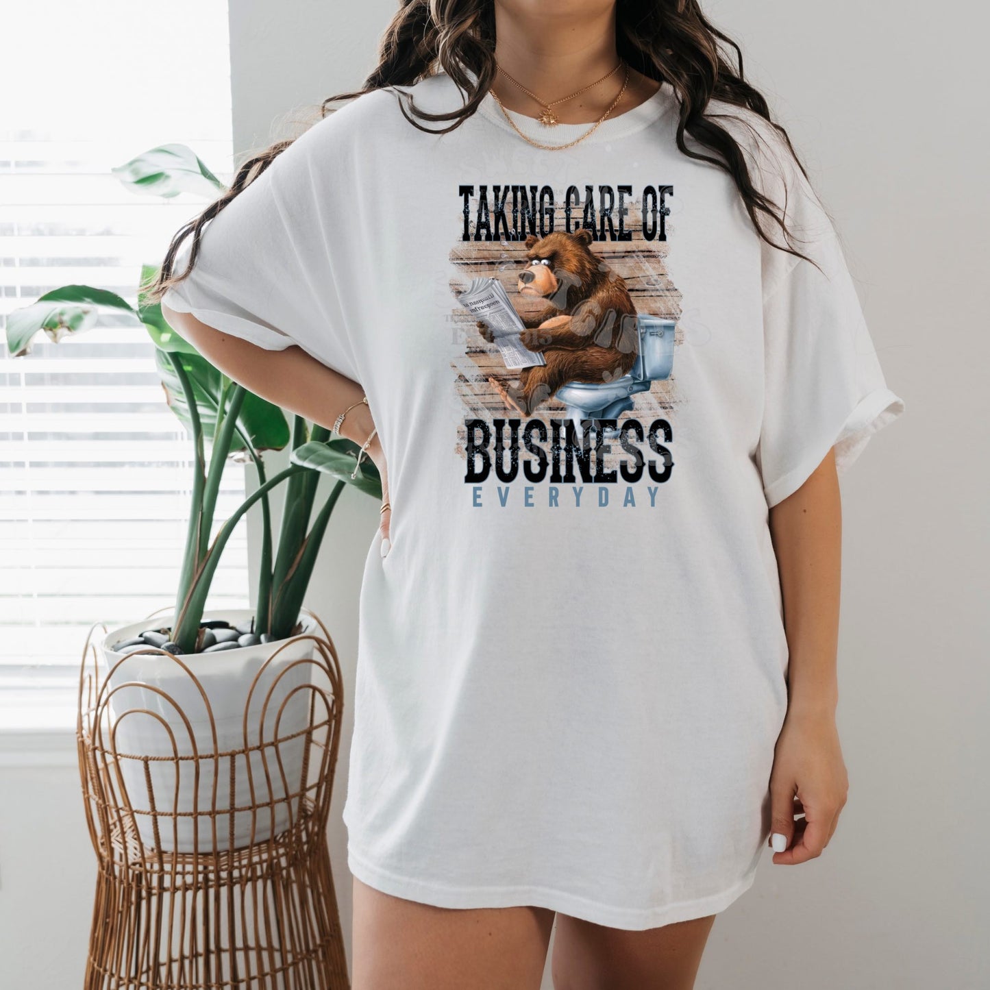 Taking Care of Business Bear on Toilet Funny DTF Transfer - Heat Transfer Iron-On for Tees, Bags, and Fabric Decor