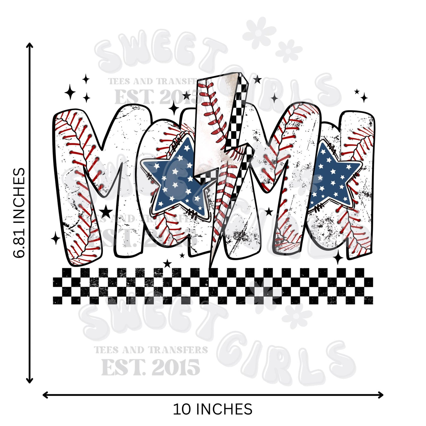 Baseball MOM Lightning Bolt Patriotic Stars DTF Transfer - Sports Mom Heat Transfer Iron-On