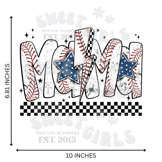Baseball MOM Lightning Bolt Patriotic Stars DTF Transfer - Sports Mom Heat Transfer Iron-On