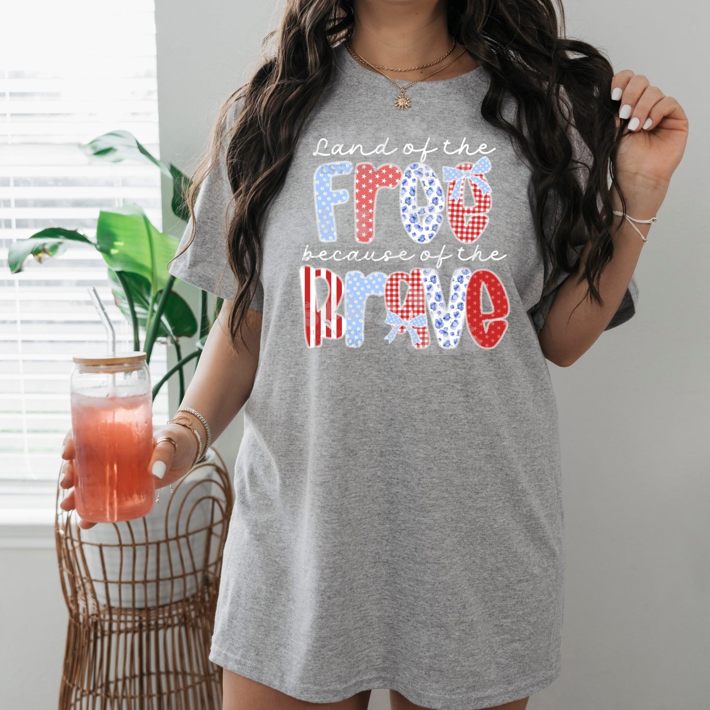 Land of the Free Because of the Brave DTF Transfer - Patriotic Faux Glitter Iron-On Heat Transfer
