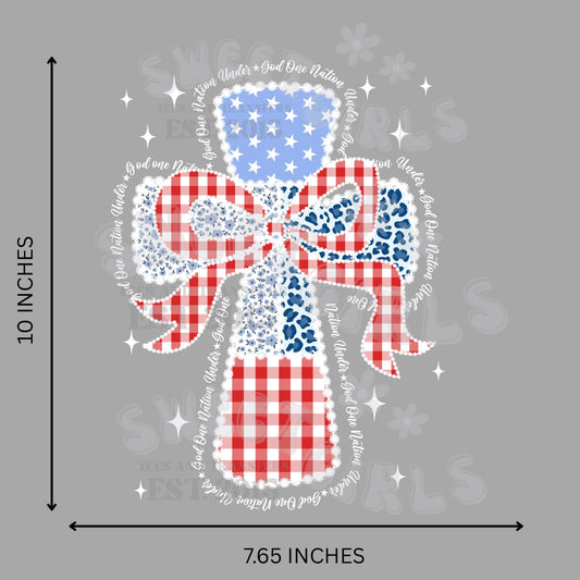 Cross - One Nation Under God - Patriotic Bow DTF Transfer - 4th of July Heat Transfer Iron-On for Clothing & Accessories