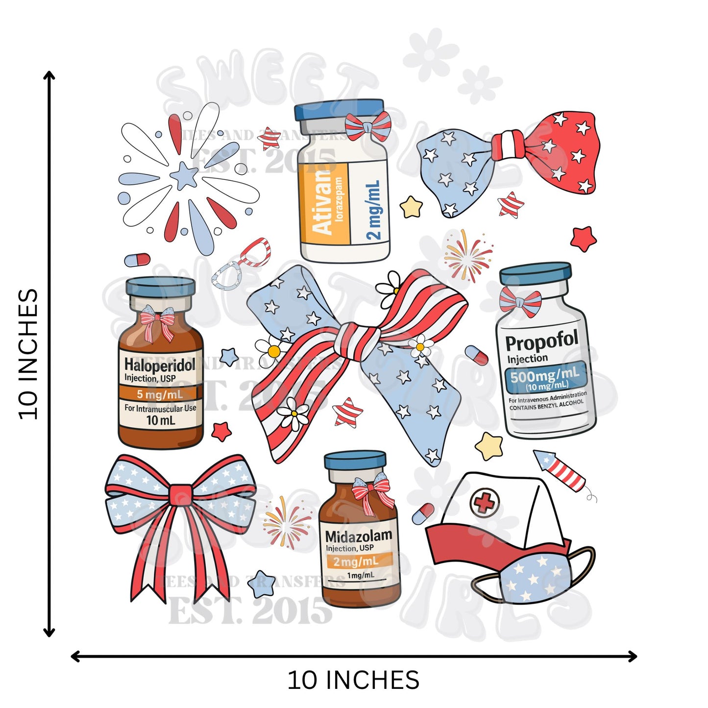 Patriotic Nurse Medicine Bottles with Bows DTF Transfer - Red White & Blue Heat Transfer for T-Shirts & Bags