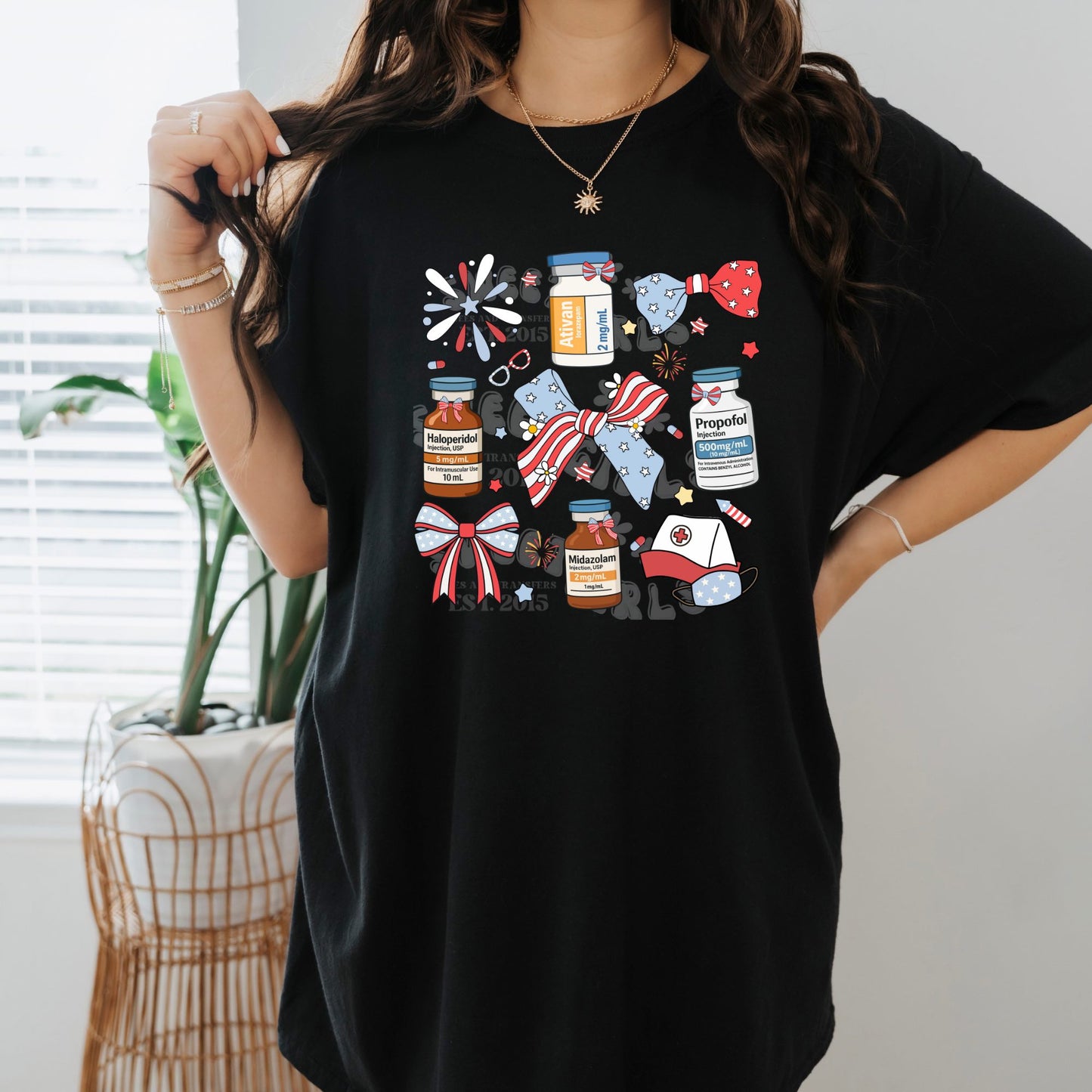 Patriotic Nurse Medicine Bottles with Bows DTF Transfer - Red White & Blue Heat Transfer for T-Shirts & Bags