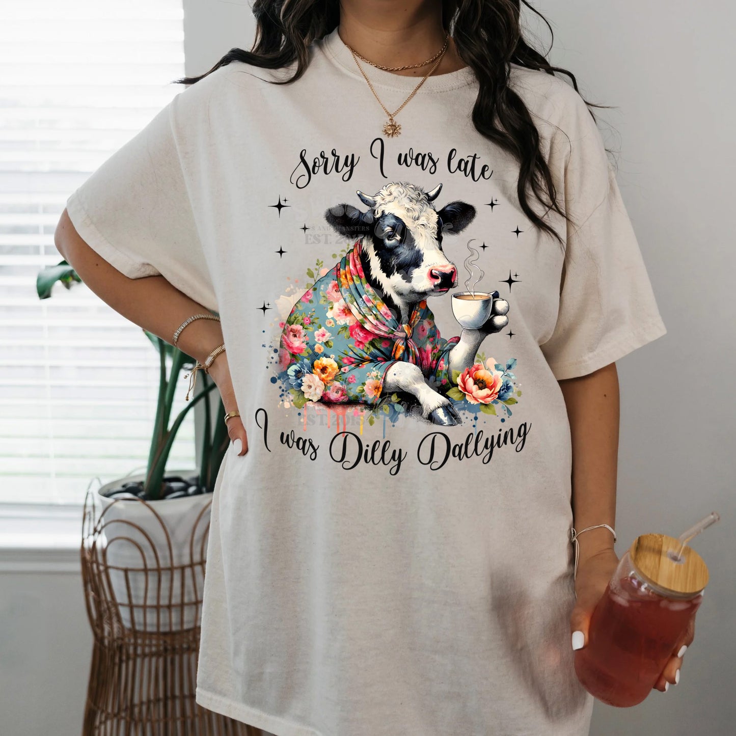 Sorry I Was Late Dilly Dallying Cow Floral Mug DTF Transfer - Iron-On Heat Transfer for Apparel & More
