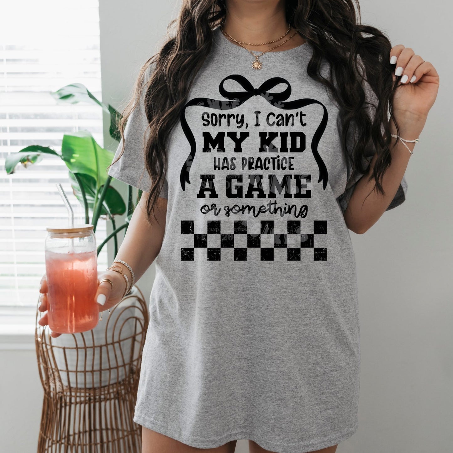 Sorry I Can't My Kid Has Practice Game Checker Bow DTF Transfer - Iron-On Heat Transfer for T-Shirts, Sweatshirts, and Bags