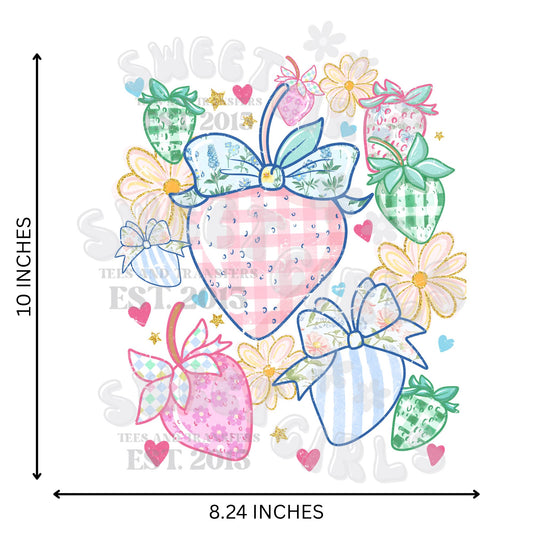 Pastel Strawberry Bow DTF Transfer – Cute Pink Gingham Fruit HEAT TRANSFER, Iron-On Direct to Film for T-Shirts, Bags, Decor