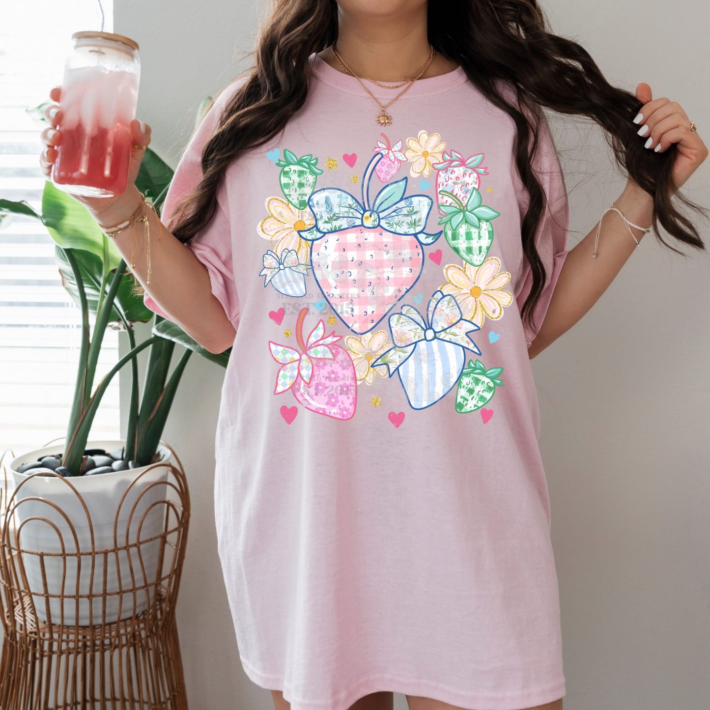 Pastel Strawberry Bow DTF Transfer – Cute Pink Gingham Fruit HEAT TRANSFER, Iron-On Direct to Film for T-Shirts, Bags, Decor