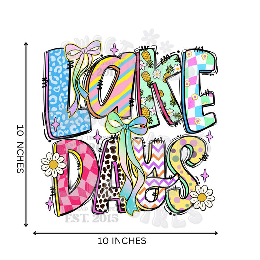 Lake Days Bow Groovy DTF Transfer – Colorful Retro Summer Iron-On Heat Transfer – Boho Hippie Letter Print for DIY Tees and Bags