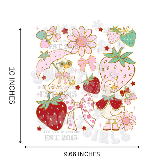 Sweet Summer Strawberry Duck DTF Transfer – Coquette Cottagecore Berry Bows Iron-On – Girly Retro Heat Transfer for Shirts & DIY Apparel