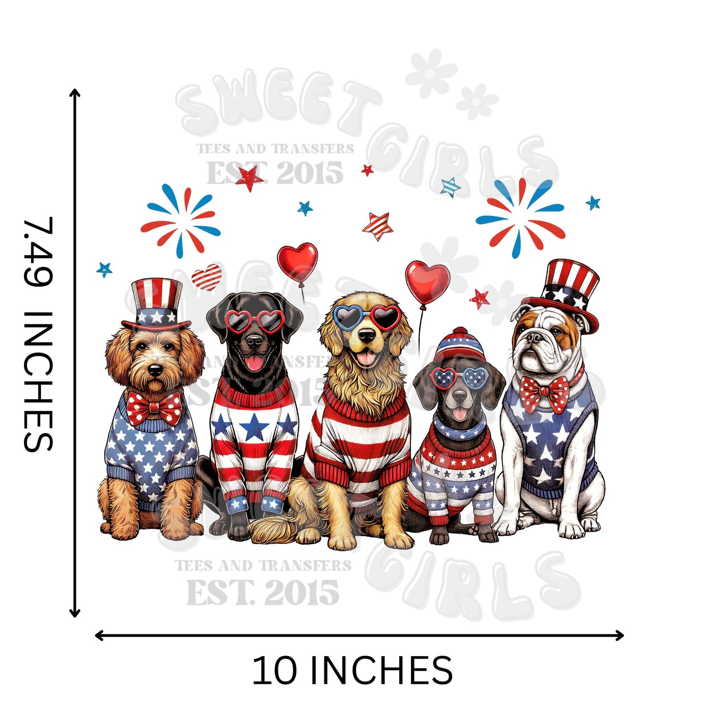 Patriotic Dogs DTF Transfer – Red White & Blue USA Pup Heat Press Design – Independence Day Iron-On for Shirts, Crafts & Bags – Star Spangled Dog Print
