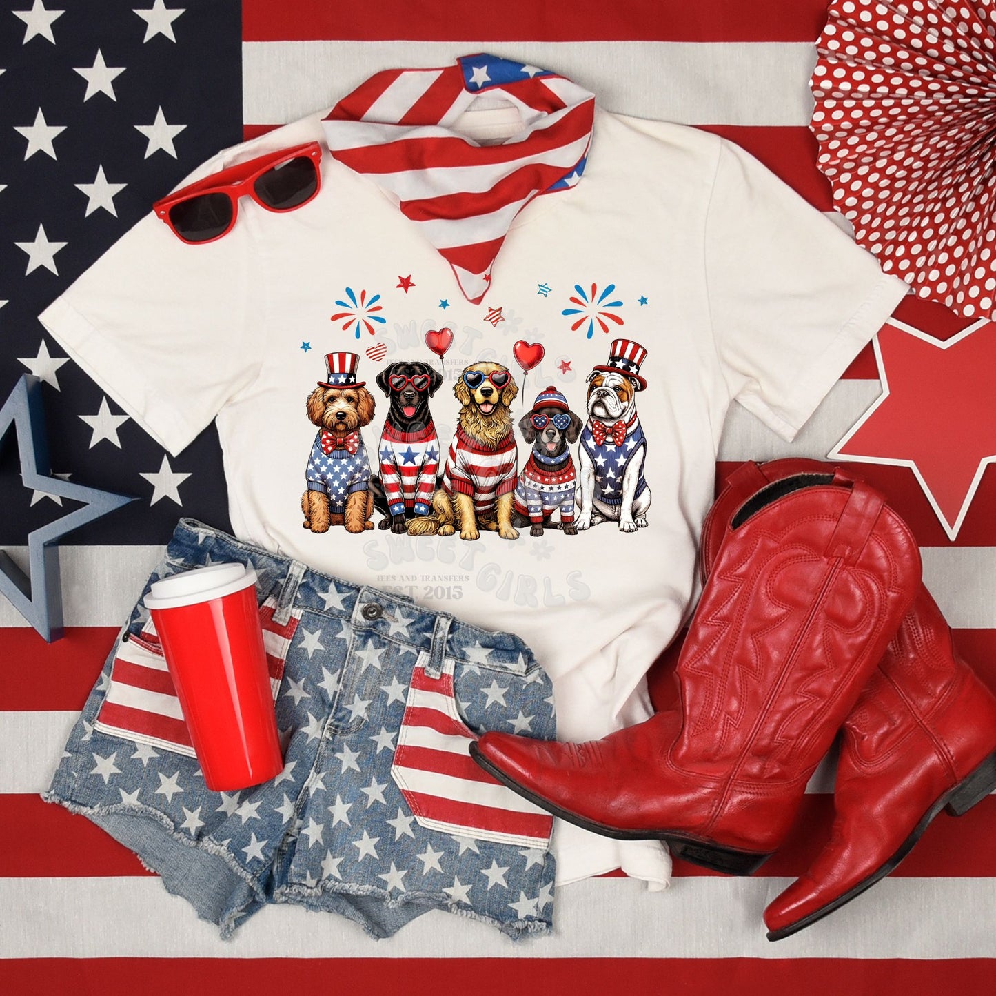 Patriotic Dogs DTF Transfer – Red White & Blue USA Pup Heat Press Design – Independence Day Iron-On for Shirts, Crafts & Bags – Star Spangled Dog Print