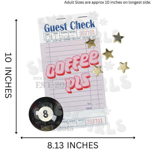 Coffee Please Guest Check Receipt DTF Transfer – Retro Pink Coffee Iron-On Design – Cafe Vibes Ready to Press Heat Transfer