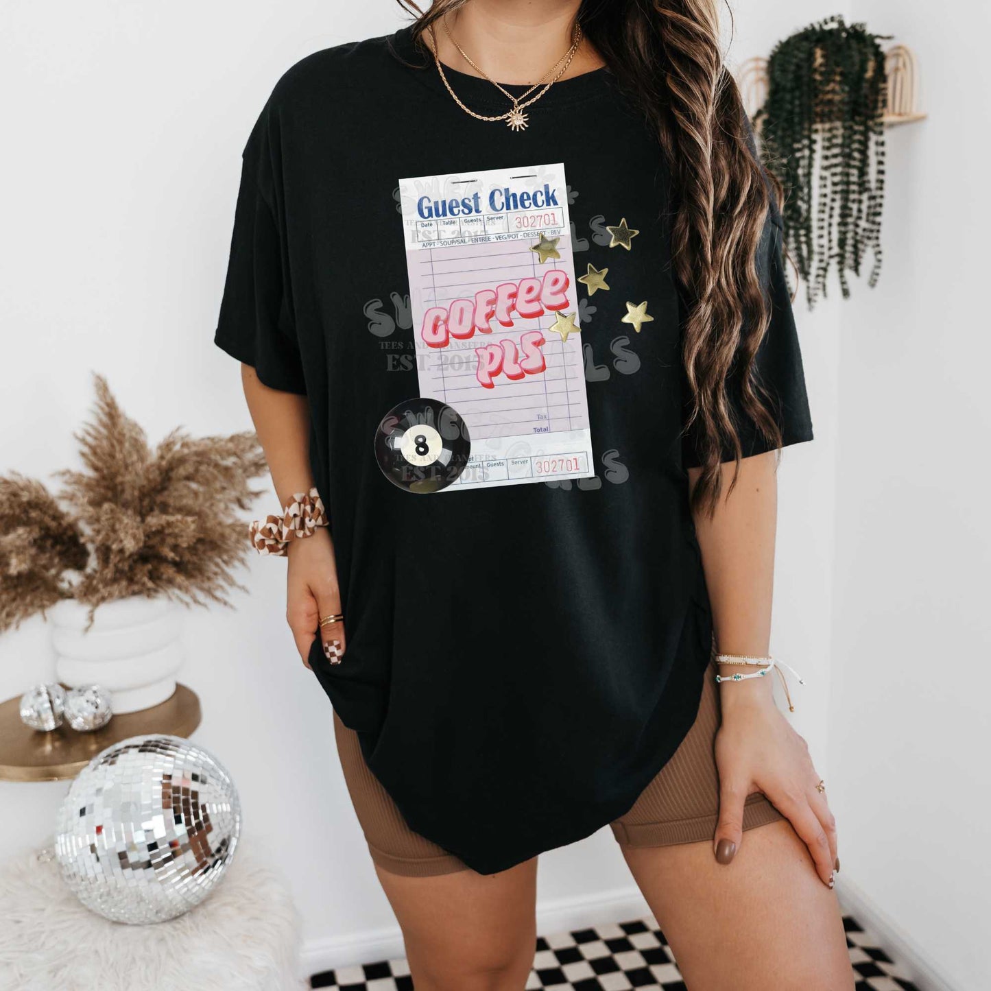 Coffee Please Guest Check Receipt DTF Transfer – Retro Pink Coffee Iron-On Design – Cafe Vibes Ready to Press Heat Transfer