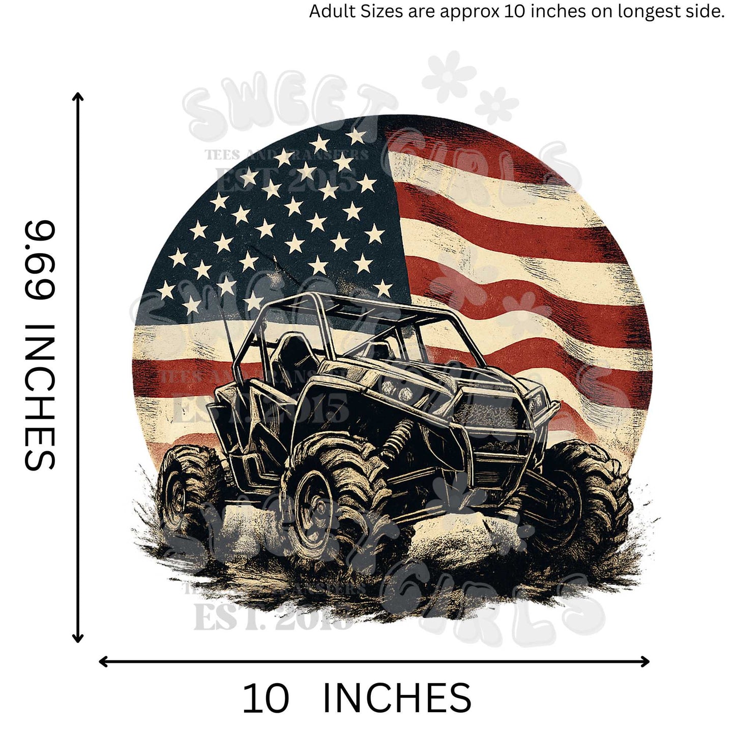 American Flag UTV Off-Road Vehicle DTF Transfer – Patriotic Mud Rider Heat Press Iron-On – Ready to Press USA Offroading July 4th Shirt Design