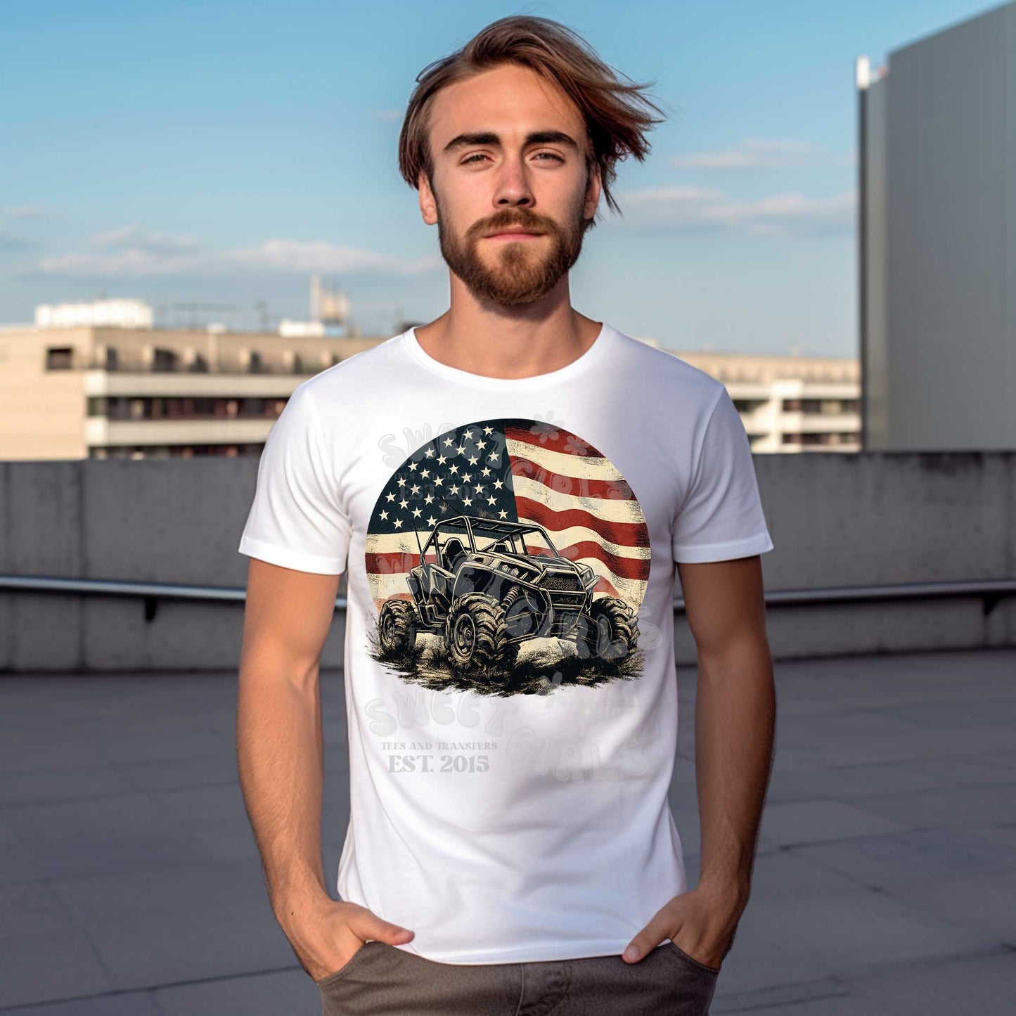 American Flag UTV Off-Road Vehicle DTF Transfer – Patriotic Mud Rider Heat Press Iron-On – Ready to Press USA Offroading July 4th Shirt Design