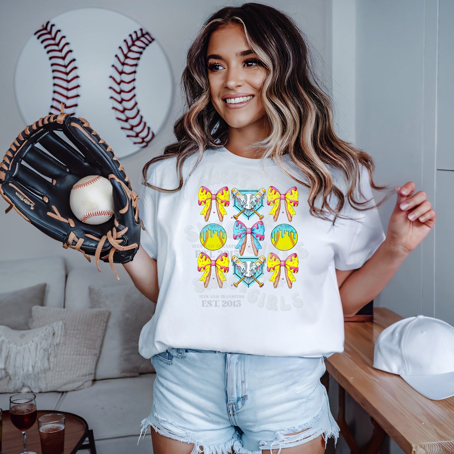 Ice Cream Softball Bows DTF Transfer – Ready to Press HEAT TRANSFER for Girls, Summer Sports Shirts, Softball Bow Iron-On, Direct to Film Decal