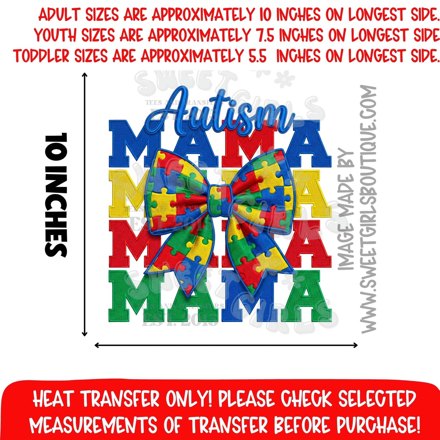 Autism Mama Heat Transfer NOT A SHIRT puzzle bow autism awareness mama dtf transfer bright colors