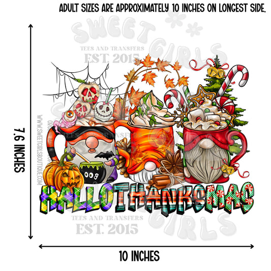 HalloThanksMas Heat Transfer – Funny Gnome Halloween Thanksgiving Christmas Mug DTF Print
