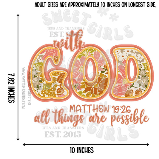With God All Things Are Possible Heat Transfer – Christian Floral Bible Verse Matthew 19:26 DTF Print