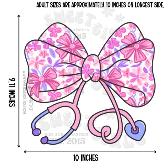 Pink Floral Stethoscope Bow DTF Heat Transfer – Nurse Medical Print