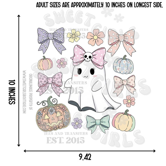 Pastel Halloween Bows Ghost Heat Transfer – Ready to Press DTF Design for Shirts, Totes & Crafts