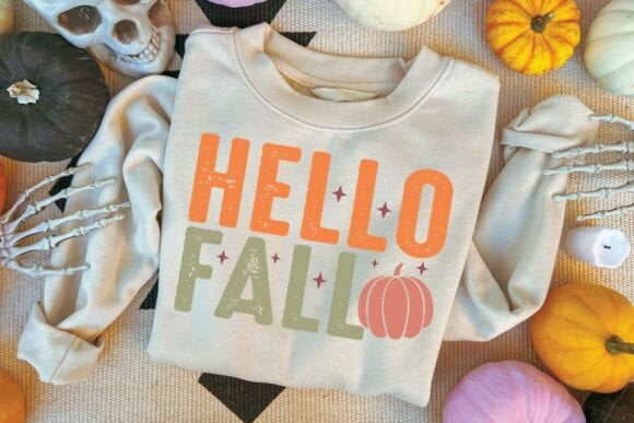 HELLO FALL Heat Transfer – Autumn Pumpkin Skeleton Halloween Shirt Design – Cozy Retro Fall DTF Iron-On for Sweatshirts & Tees