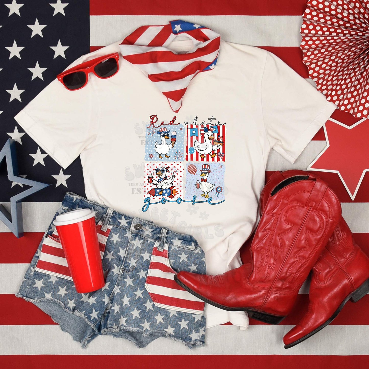 Red White Goose DTF Transfer – Patriotic Duck Square Print – Funny 4th of July Heat Transfer Sticker