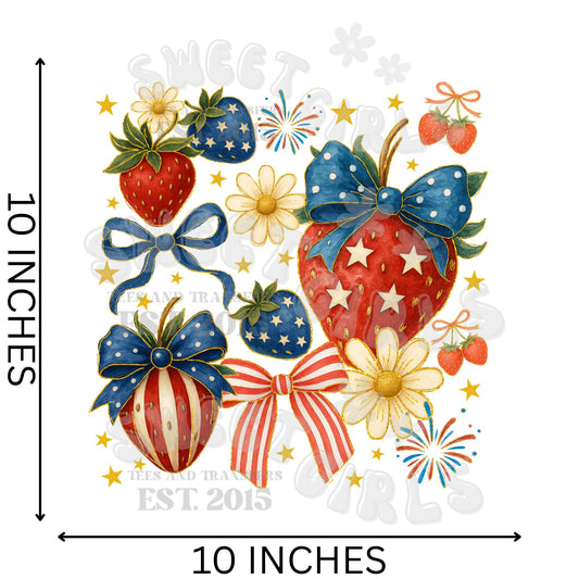 Strawberries and Daisies July 4th Bow DTF Transfer - Coquette Americana Iron-On Heat Transfer