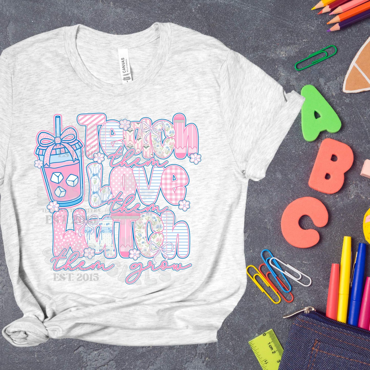 Teach Love Grow DTF Transfer – Grandmillennial Teacher Bow Preppy Floral Heat Transfer – Iron-On Sticker for Shirts, Sweatshirts, Totes