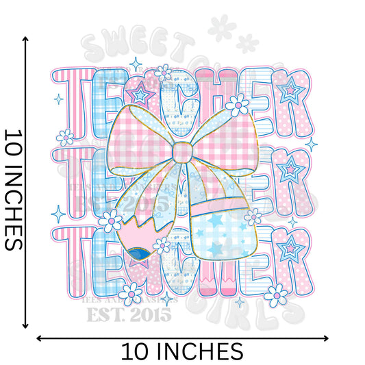 Grandmillennial Preppy Teacher DTF Transfer – Pastel Pink Bow Watercolor Direct to Film Heat Transfer – Iron On or Heat Press Sticker for T-Shirts, Bags, Decor