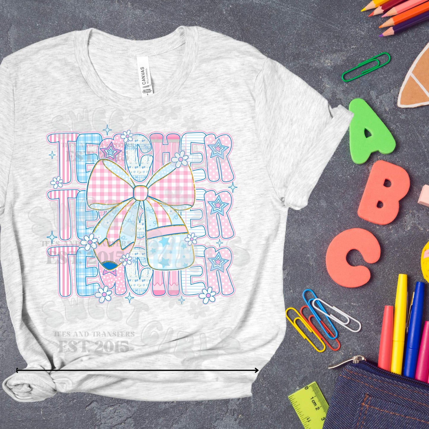 Teacher Bow Pastel Gingham DTF Transfer – Back to School Design – Direct to Film Heat Transfer for Teachers